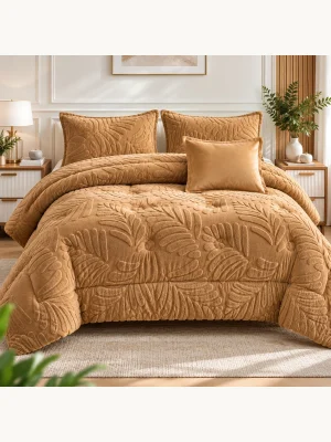 لحاف مخمل دونفره سه بعدی طرح برگ رنگ کرم کد 103